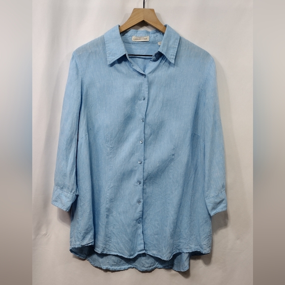 Coldwater Creek Tops - Coldwater Creek 100% Linen Button-Up Shirt Womens 1X Blue Boho Retro Minimalist